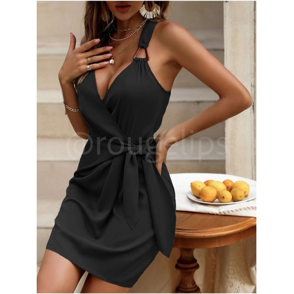 Rouge! Dresses & Skirts - Black Both Straps are Embellished Short, Mini V-Neck, Mock Wrap Side Tie